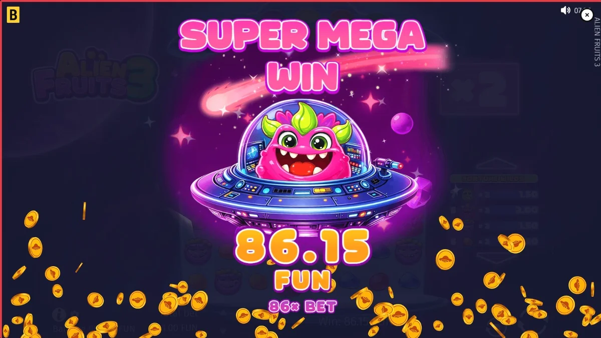 Tampilan layar permainan slot Alien Fruits 3 dengan grid 8x8 dan elemen neon luar angkasa.