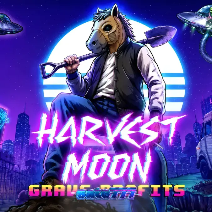 Tampilan visual slot Harvest Moon Grave Profits dengan tema laboratorium pemakaman